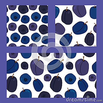 Three seamless pattern with blueberries and plums Vector Illustration