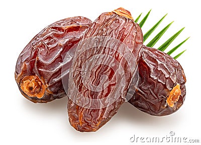 Three semi-dried dates or date palm fruits and palm leaves behind, isolated on white background. File contains clipping path Stock Photo