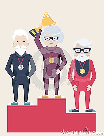 Three senior people on a winners podium Vector Illustration