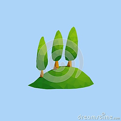 Three set columnar upright oval tree on green hill in vector low poly art style Vector Illustration