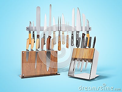 Three sets of kitchen knives 3d render on blue background with shadow Stock Photo