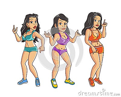 Three Dancing Young Girls Vector Illustration