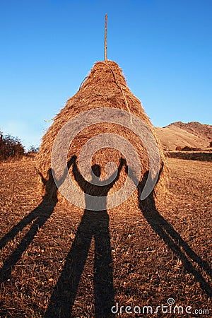 Three shadows holding hands on haystack Stock Photo