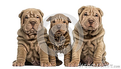Three Shar Pei puppies sitting, looking at the cam Stock Photo