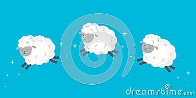 Three sheep jumping. Count sheep before bed. Vector flat illustration. Vector Illustration