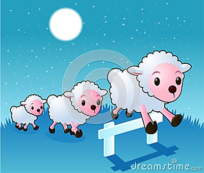 Three Sheeps jumping fence at night stars and moon Cartoon Illustration