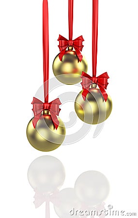 Three shiny gold christmas balls with red baw. 3D Illustration Stock Photo