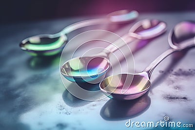 three shiny spoons on a table with a blurry background Stock Photo
