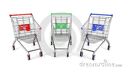 Three shopping cart in different colours. Cartoon Illustration