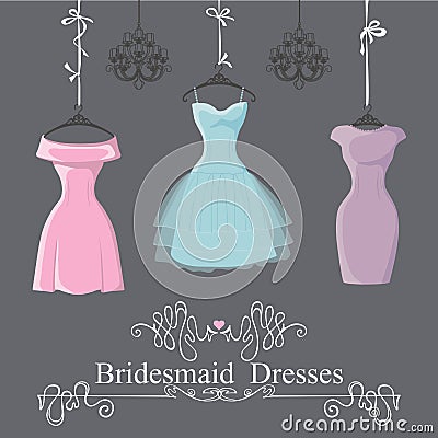 Three short bridesmaid dresses hang on ribbons Vector Illustration