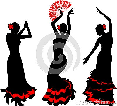 Three silhouettes of flamenco dancer with fan Stock Photo