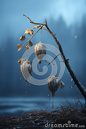 three silver balls hanging from a tree branch Stock Photo