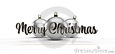 Three silver christmas balls on a white background with the text merry christmas. Stock Photo