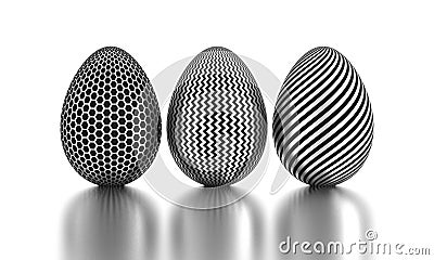 Three silver painted easter eggs. 3D rendering Stock Photo