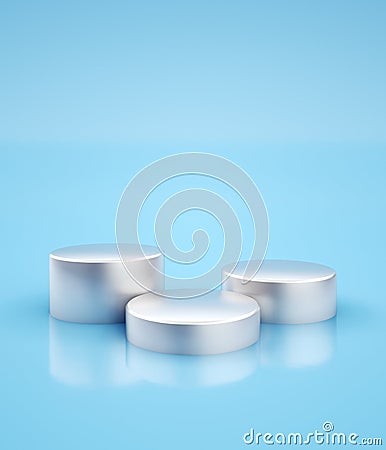 Three silver pedestals at blue studio background Stock Photo