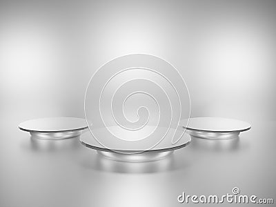 Three Silver Podiums. 3D Modern Metallic Pedestal. Stock Photo