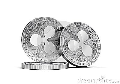 Three silver Ripple coins XRP concept stacked together isolated on white Editorial Stock Photo