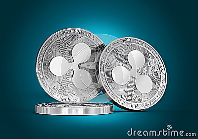 Three silver Ripple coins XRP concept stacked together Editorial Stock Photo