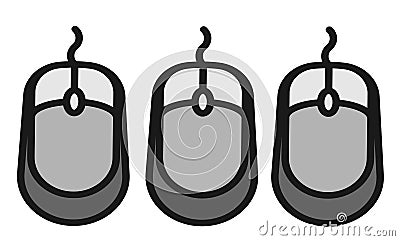 Three similar duplicate computer mice peripheral against a white backdrop Cartoon Illustration