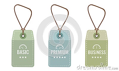 Three simple tag badges with basic, business and premium degrees for three columns infographic template. Vector Vector Illustration
