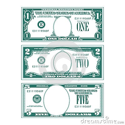 Three simplified stylized bills with no faces Vector Illustration