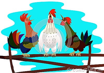 Three singing rooster Vector Illustration