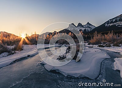 Sunrise above The Three Sisters, Canmore, Travel Alberta, Banff National Park, Canada, North America, Canadian Rockies Stock Photo