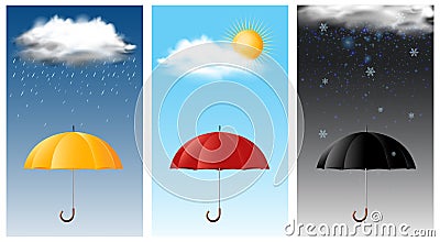 Three sky scenes with different weathers Vector Illustration