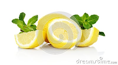 Three sliced lemons with mint isolated on a white background Stock Photo