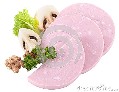 bologna slice piece boiled sausage. Slice boiled sausage isolated Stock Photo