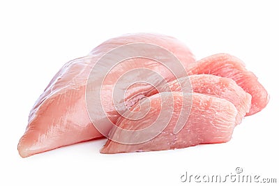 Three slices of uncooked boned chicken breast next to whole chicken breast isolated on white Stock Photo