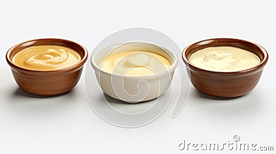 Photo of three small bowls filled with different types of sauce Stock Photo