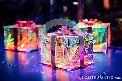 three small boxes with colorful lights on them Stock Photo