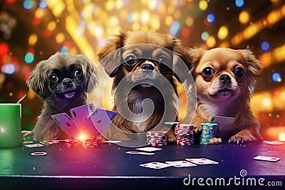 Three Small Dogs Sitting at a Table With Poker Chips, Tibetan Spaniel puppies playing poker in Vegas, All colorful glittering Stock Photo