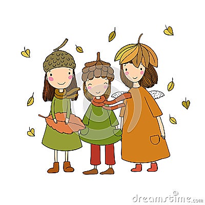 Three small forest fairies in the caps of the cones and leaves. Vector Illustration