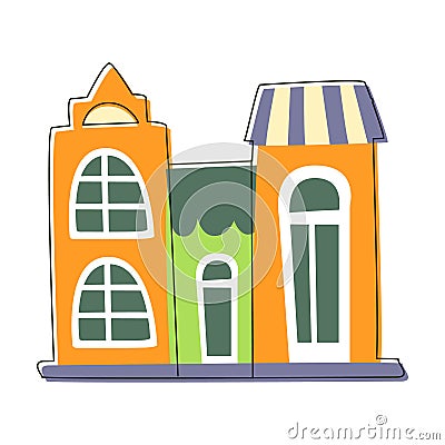 Three Small Houses Close To Each Other In Green And Orange Color, Cute Fairy Tale City Landscape Element Outlined Vector Illustration