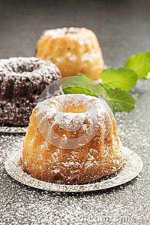 Mini bundt cakes with icing sugar, close-up Stock Photo