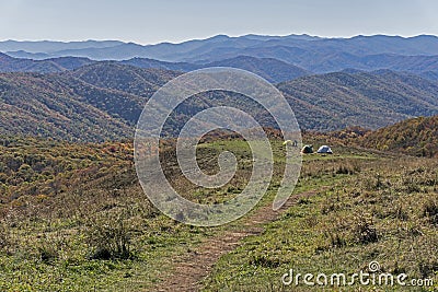 Three small tents dot the landscape on Max Patch Mountain. Stock Photo