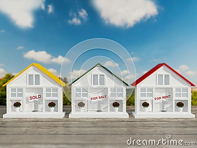 Three small white houses for sale, rent. Stock Photo