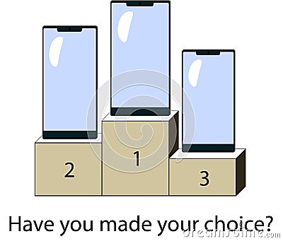 Three smartphones stand on a pedestal Cartoon Illustration