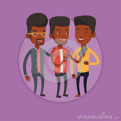 Three smiling friends looking at mobile phone. Vector Illustration