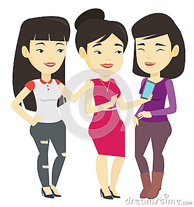 Three smiling friends looking at mobile phone. Vector Illustration