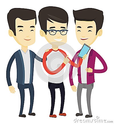 Three smiling friends looking at mobile phone. Vector Illustration
