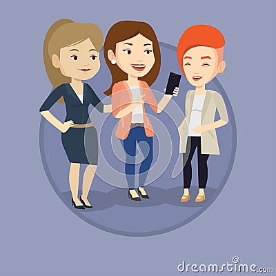 Three smiling friends looking at mobile phone. Vector Illustration