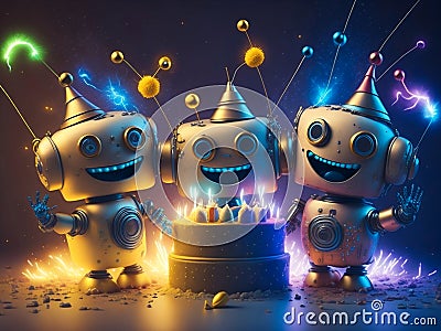 three smiling robots of different colours Stock Photo