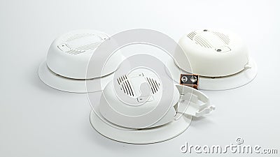 Three smoke alarms with a single batter to be installed Stock Photo