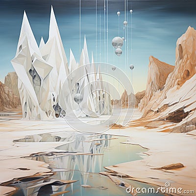 Surrealistic Futuristic Snowy Landscape Painting With Elaborate Spacecrafts Stock Photo