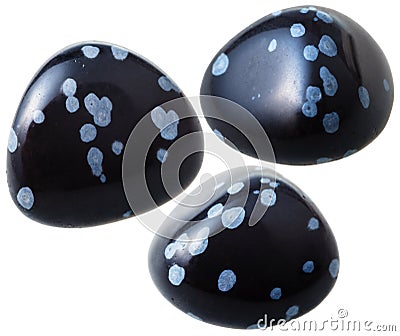 Three snowflake obsidian gemstones isolated Stock Photo