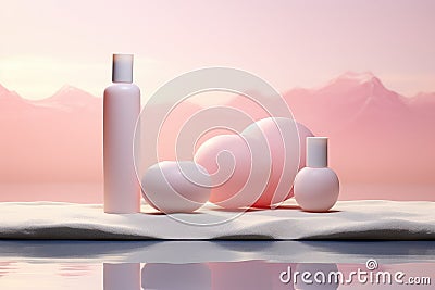 three soft pink bottles of cleansers and lotion are on a white background Stock Photo