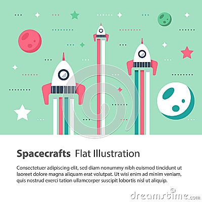 Spaceships flying in space among stars and planets, children flat illustration Vector Illustration